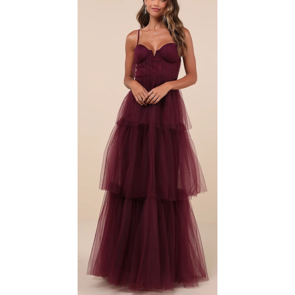 NOWT Lulus Burgundy Tulle Tiered Bustier Maxi Dress Wine Red Formal Gown XS
